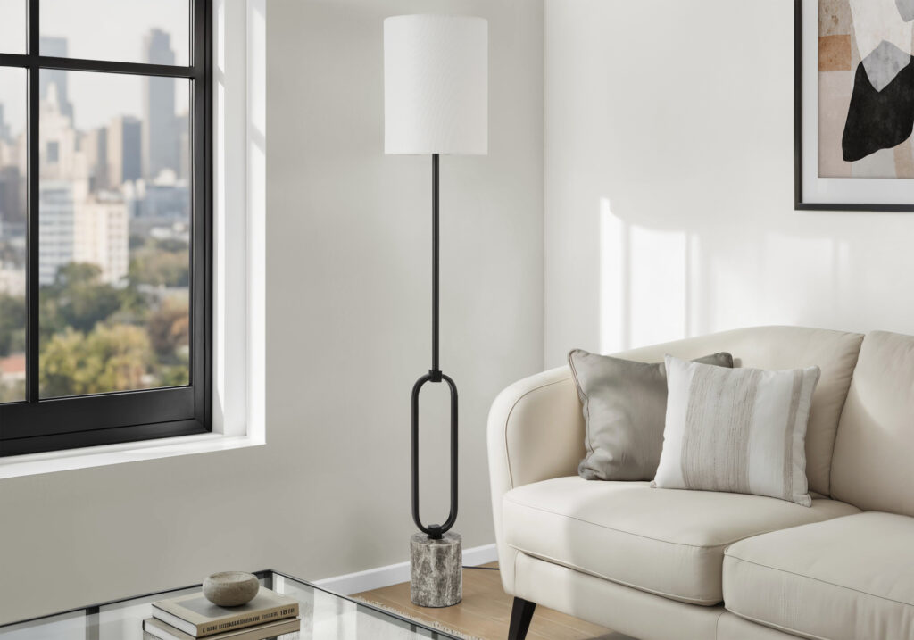 Lighting, 64″H, Floor Lamp, Black Metal, Ivory / Cream Shade, Contemporary