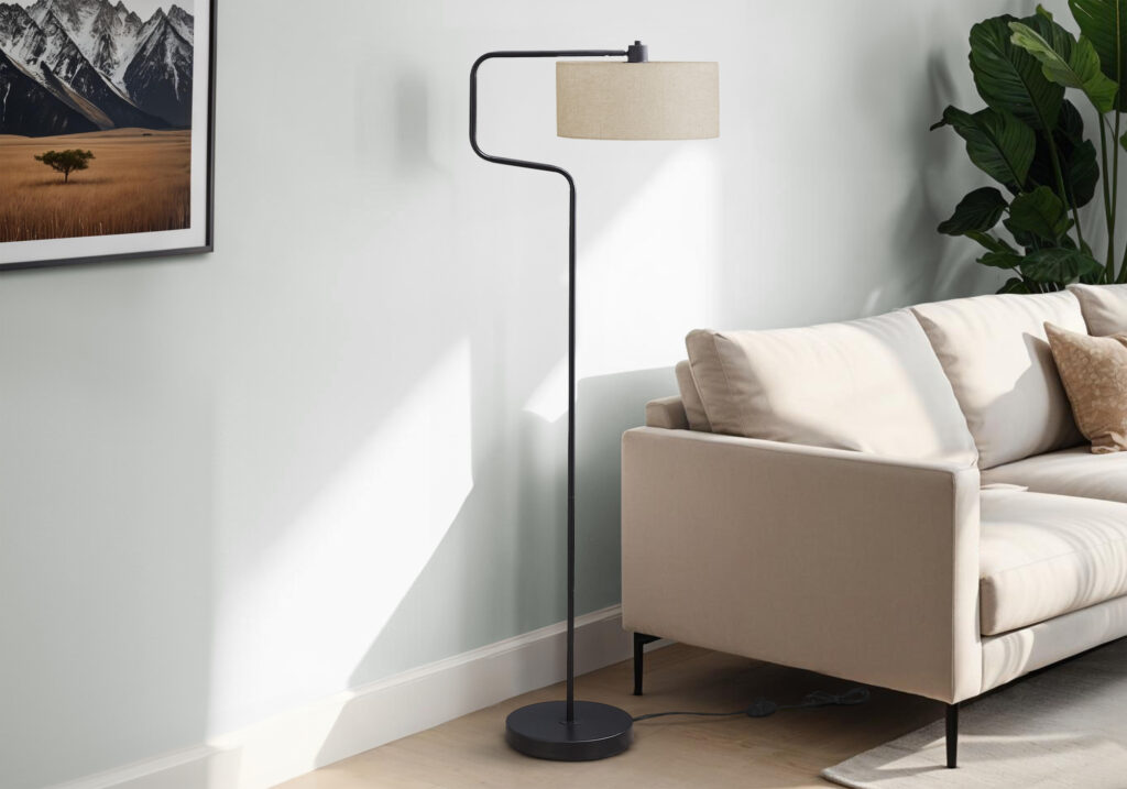 Lighting, 61″H, Floor Lamp, Black Metal, Beige Shade, Contemporary, Modern