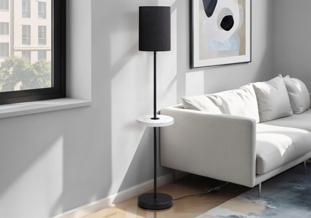 Lighting, 62″H, Floor Lamp, Usb Port Included, Black Metal, White Marble, Contemporary, Modern