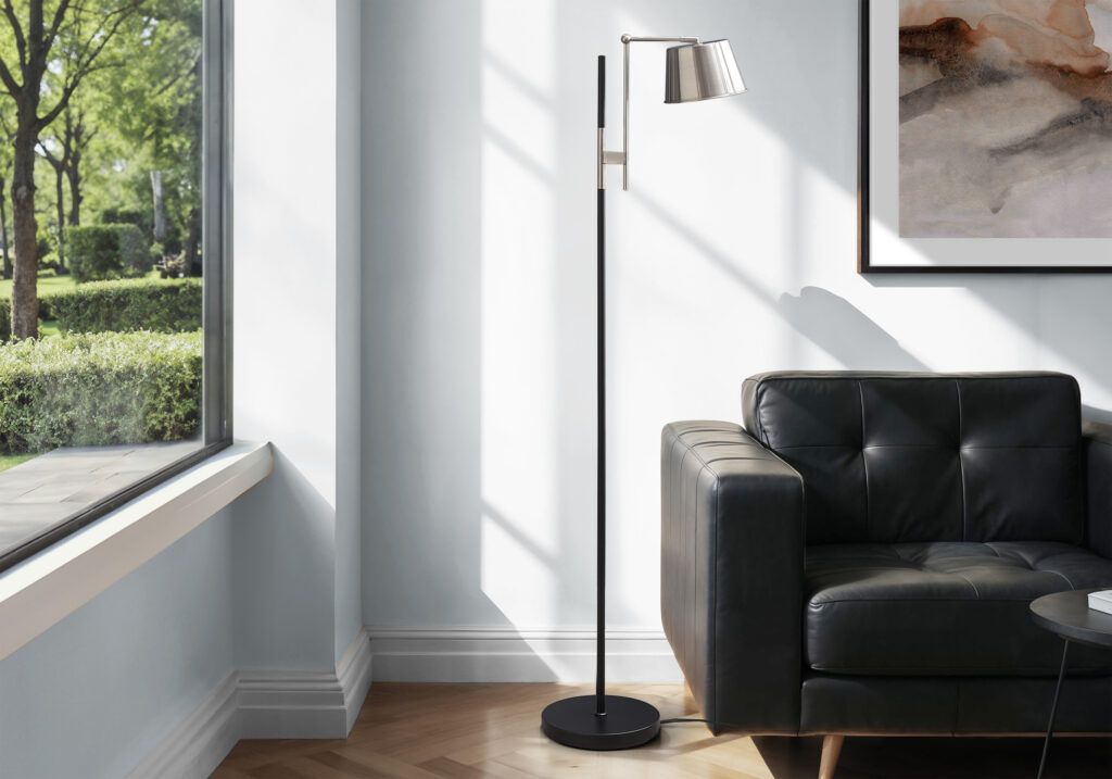 Lighting, 65″H, Floor Lamp, Black Metal, Nickel Shade, Contemporary
