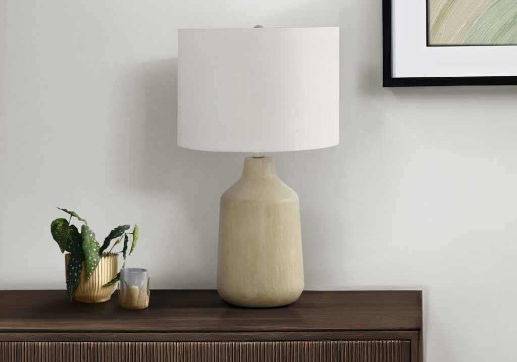Lighting, 24″H, Table Lamp, Beige Concrete, Ivory / Cream Shade, Contemporary