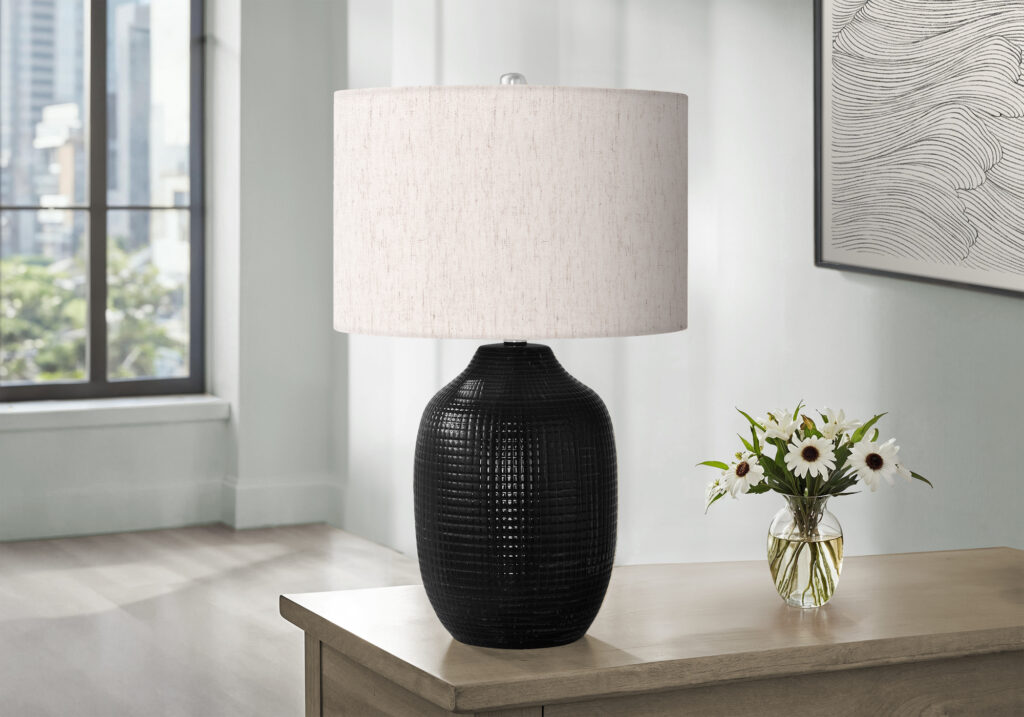 Lighting, 26″H, Table Lamp, Black Ceramic, Ivory / Cream Shade, Contemporary