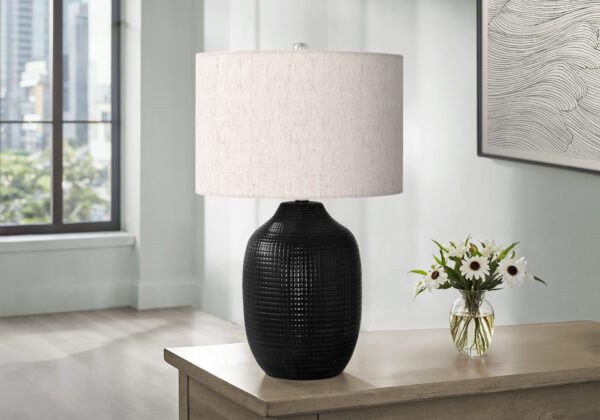 Lighting, 26″H, Table Lamp, Black Ceramic, Ivory / Cream Shade, Contemporary
