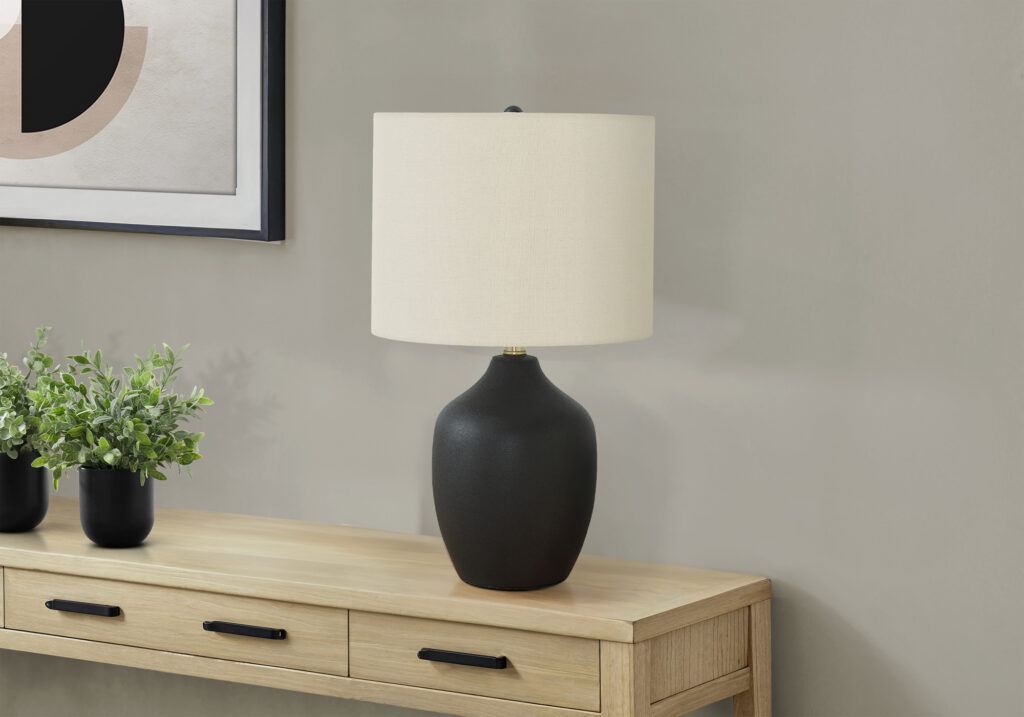 Lighting, 22″H, Table Lamp, Black Ceramic, Ivory / Cream Shade, Transitional