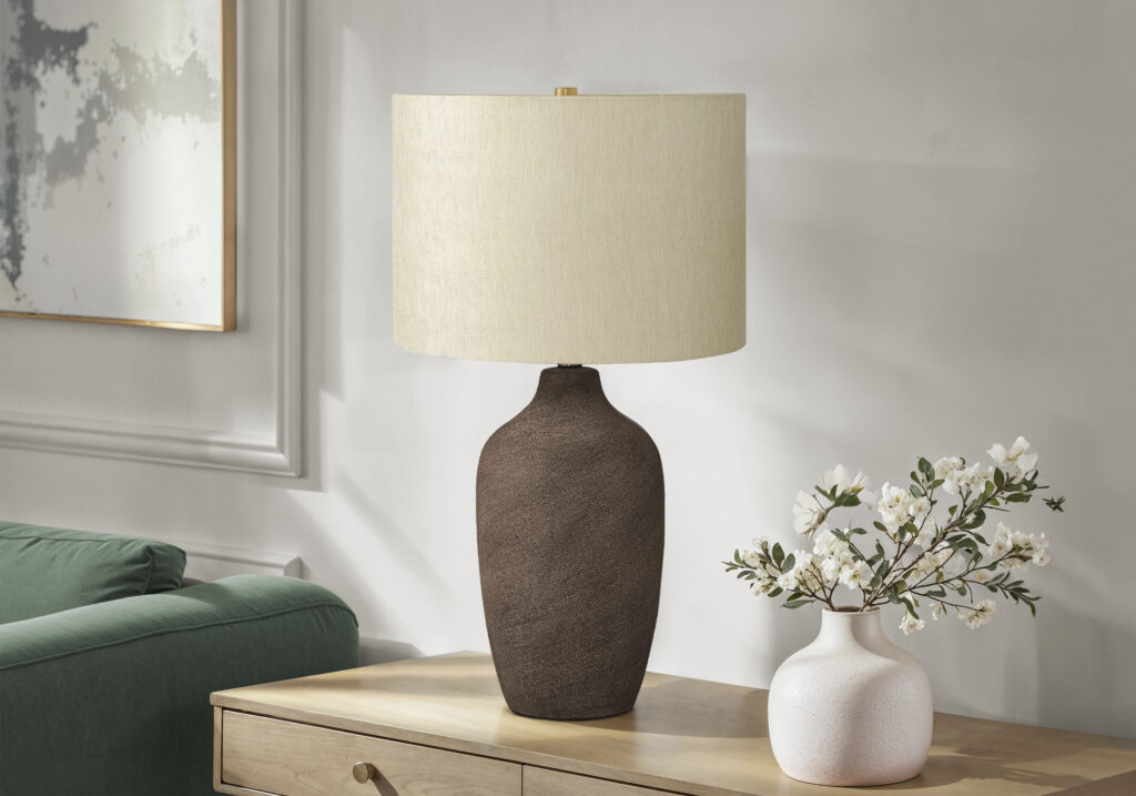 Lighting, 27″H, Table Lamp, Grey Ceramic, Beige Shade, Contemporary
