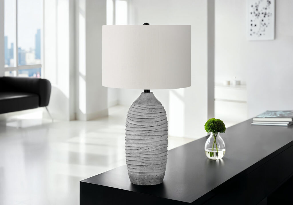 Lighting, 27″H, Table Lamp, Grey Resin, Ivory / Cream Shade, Modern