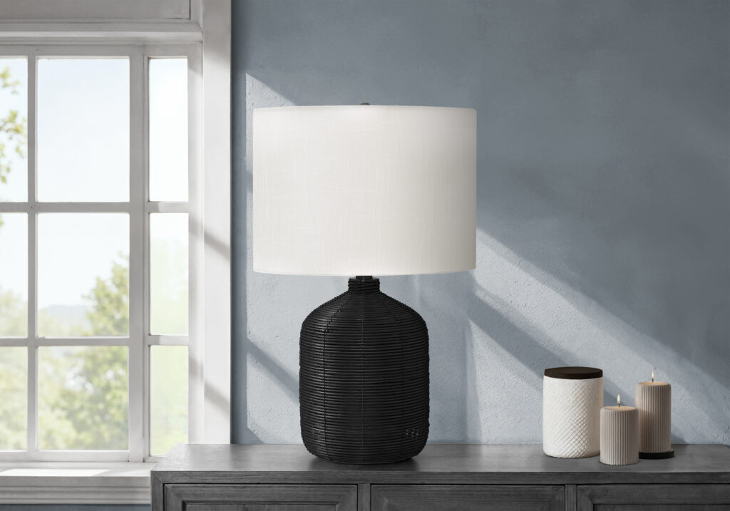 Lighting, 23″H, Table Lamp, Black Rattan, Ivory / Cream Shade, Modern