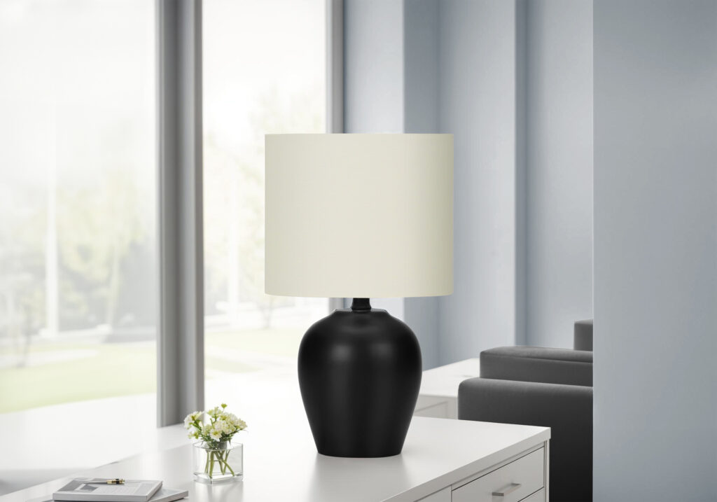 Lighting, 17″H, Table Lamp, Black Ceramic, Ivory / Cream Shade, Transitional