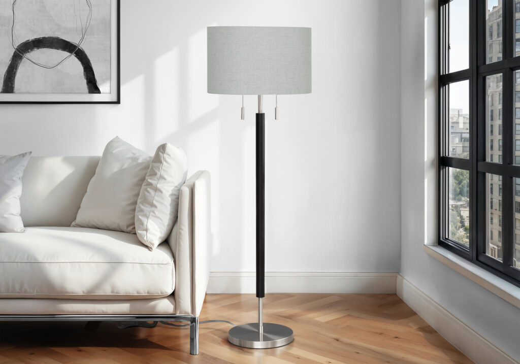 Lighting, 60″H, Floor Lamp, Nickel Metal, Grey Shade, Contemporary