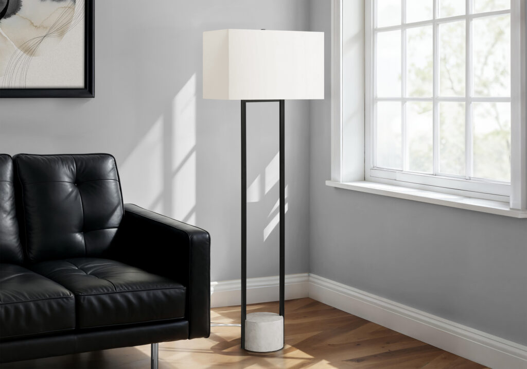 Lighting, 62″H, Floor Lamp, Black Metal, Ivory / Cream Shade, Contemporary