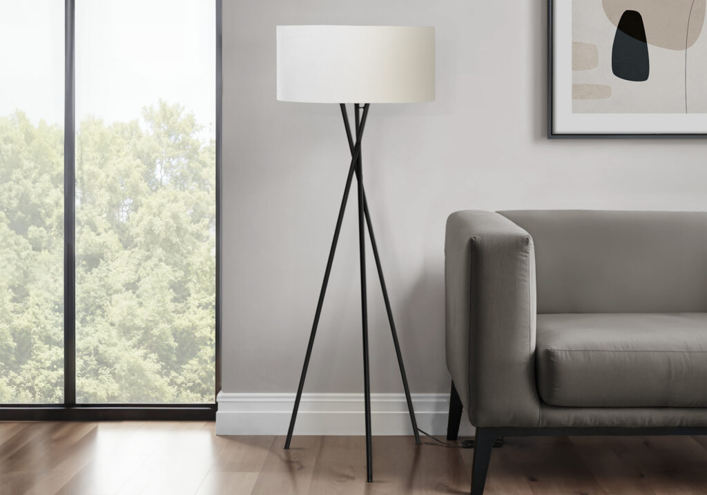 Lighting, 62″H, Floor Lamp, Black Metal, Ivory / Cream Shade, Contemporary