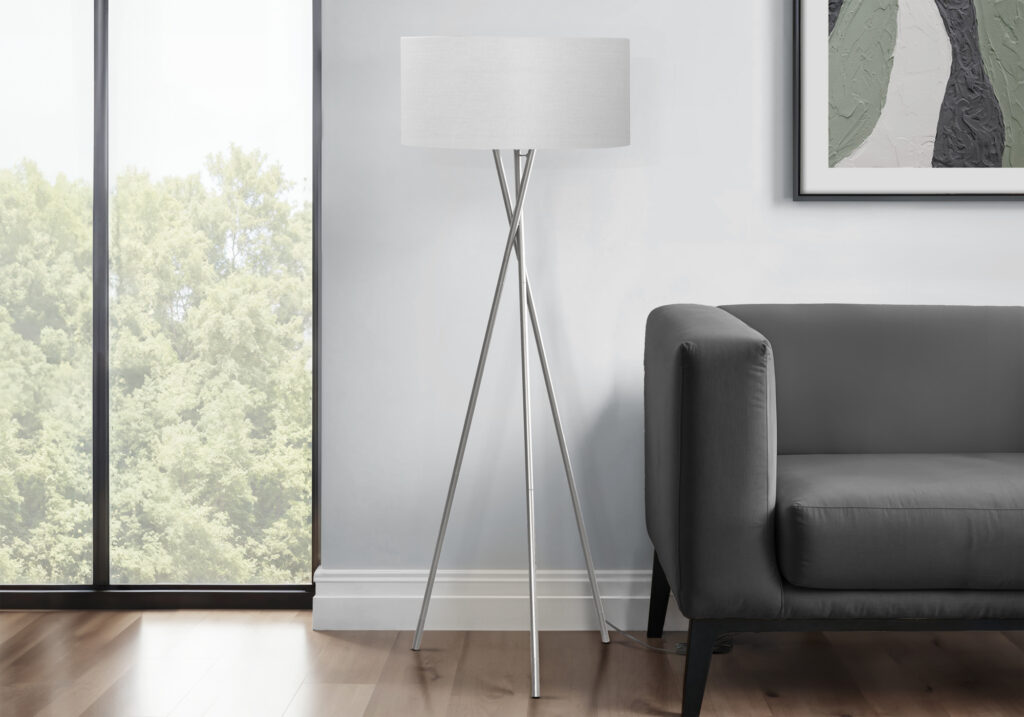 Lighting, 62″H, Floor Lamp, Nickel Metal, Grey Shade, Contemporary