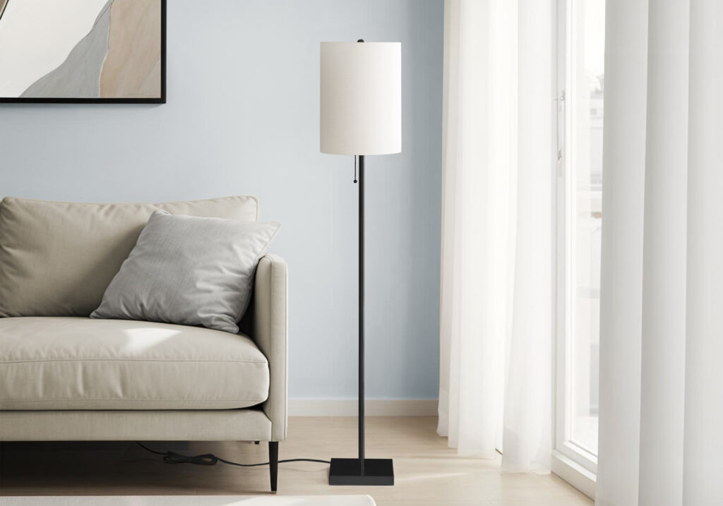 Lighting, 62″H, Floor Lamp, Black Metal, Ivory / Cream Shade, Contemporary