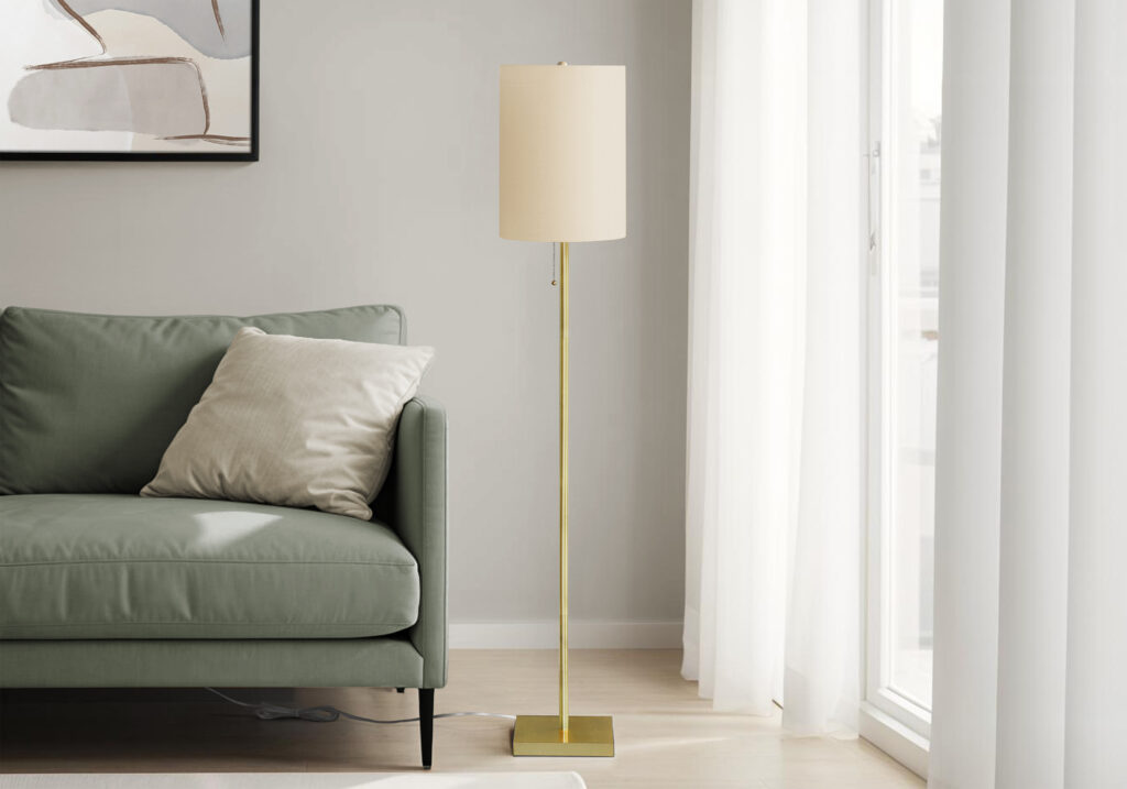 Lighting, 62″H, Floor Lamp, Brass Metal, Ivory / Cream Shade, Contemporary