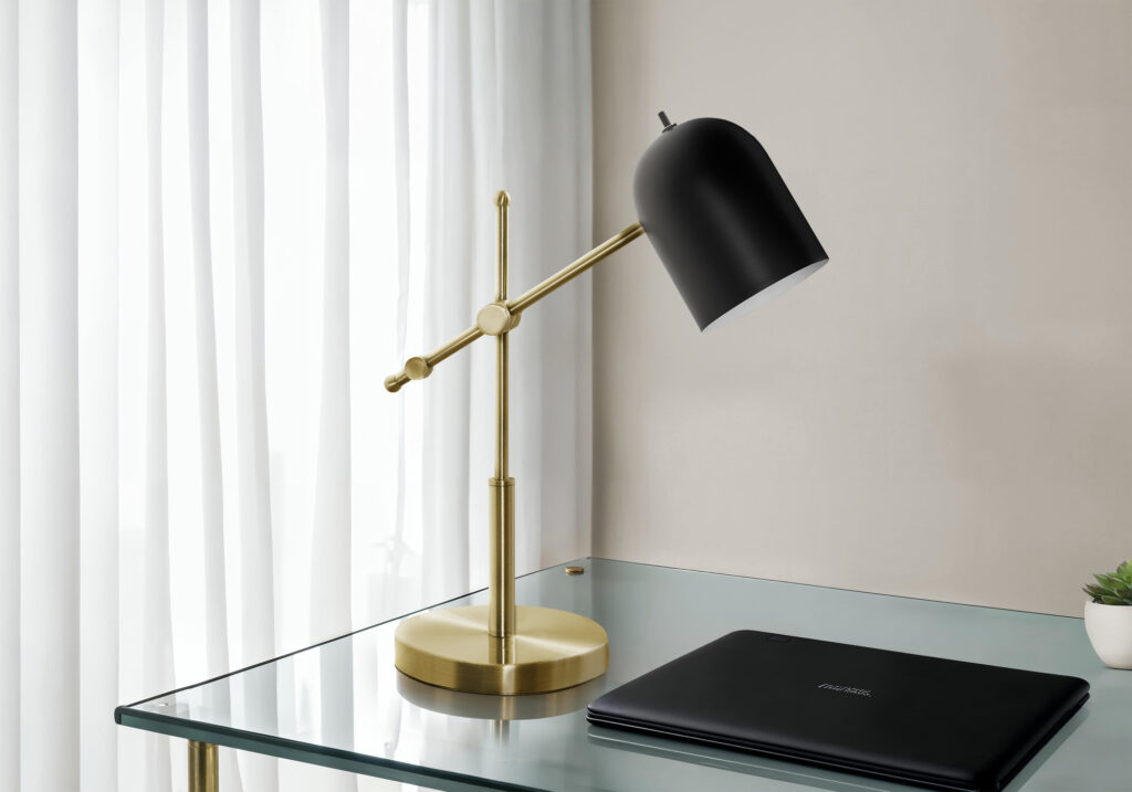 Lighting, 18″H, Table Lamp, Brass Metal, Black Shade, Contemporary