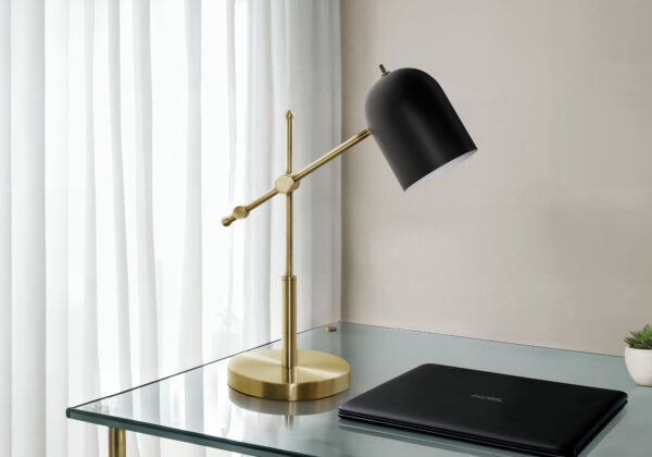 Lighting, 18″H, Table Lamp, Brass Metal, Black Shade, Contemporary