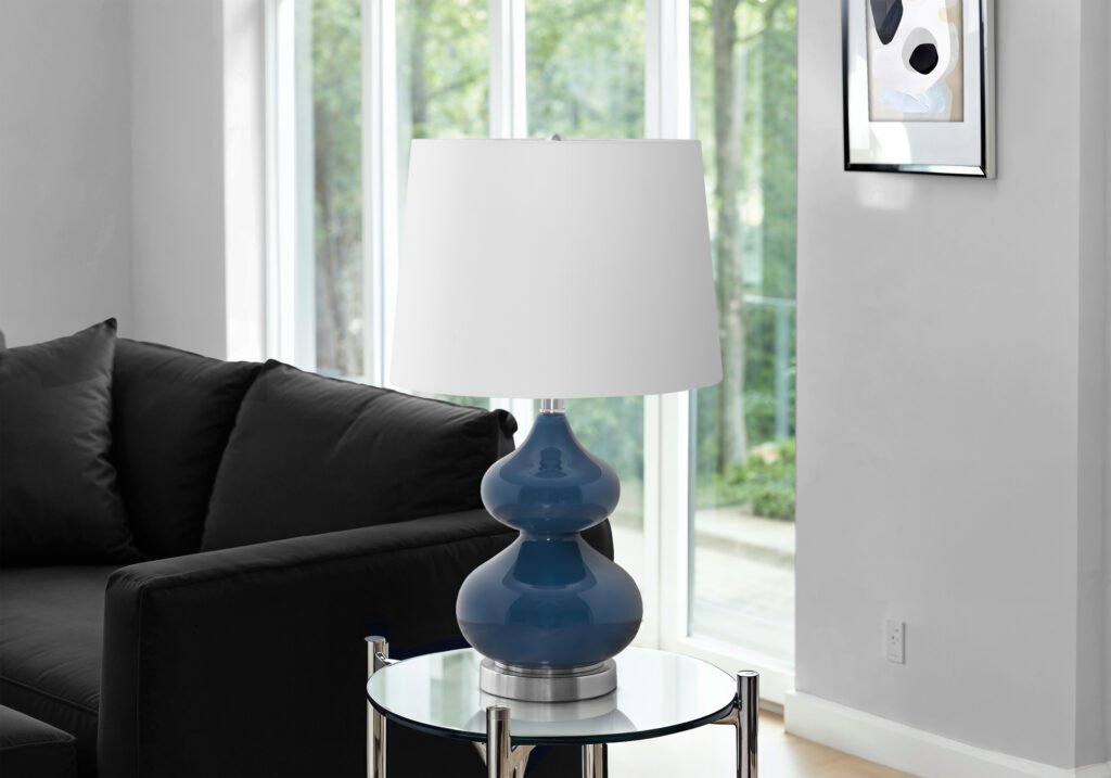 Lighting, 24″H, Table Lamp, Blue Glass, Ivory / Cream Shade, Contemporary