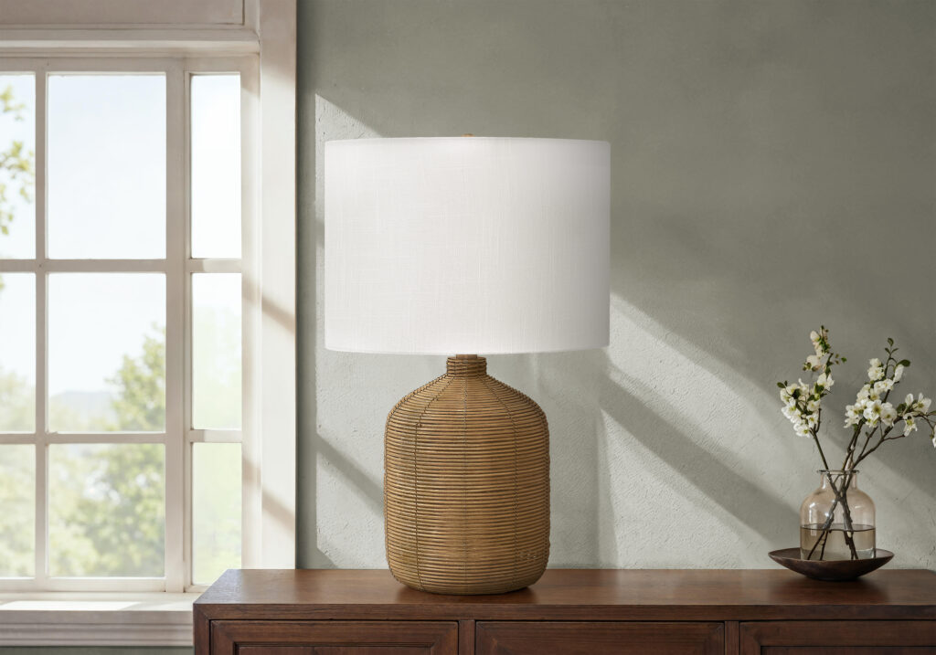 Lighting, 23″H, Table Lamp, Brown Rattan, Beige Shade, Modern