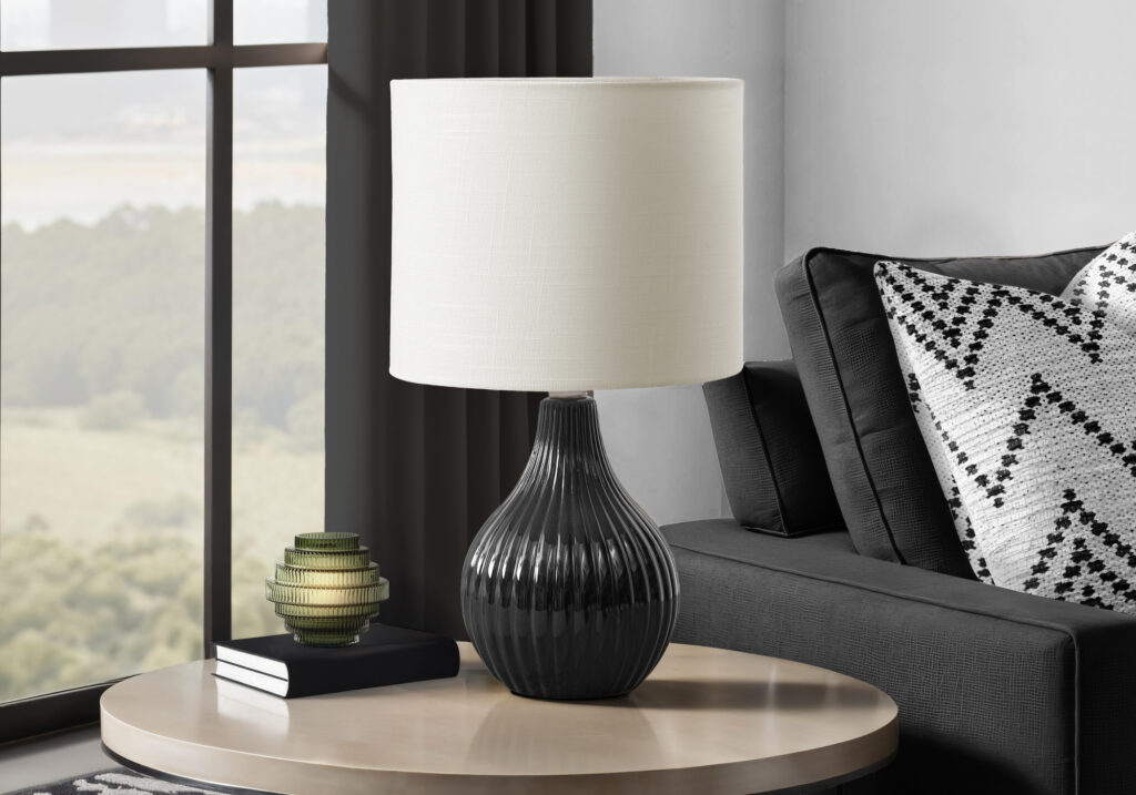 Lighting, 17″H, Table Lamp, Black Ceramic, Ivory / Cream Shade, Contemporary, Modern