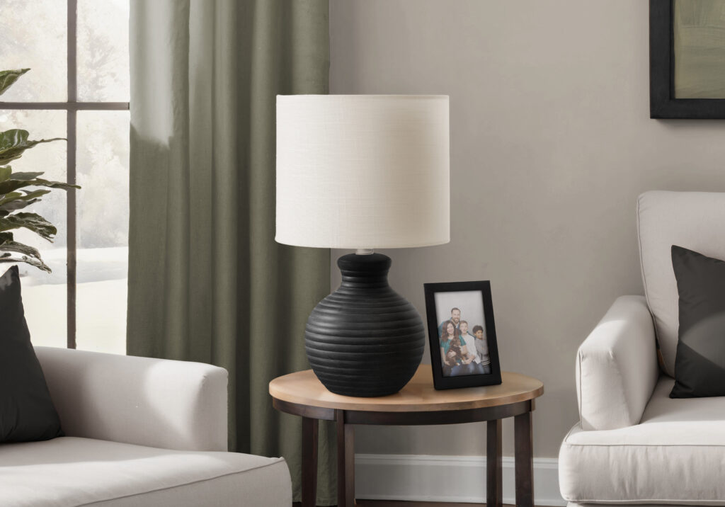 Lighting, 16″H, Table Lamp, Black Resin, Ivory / Cream Shade, Contemporary