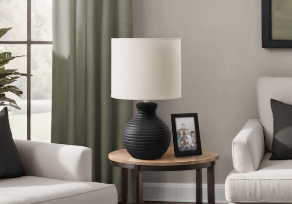 Lighting, 16″H, Table Lamp, Black Resin, Ivory / Cream Shade, Contemporary