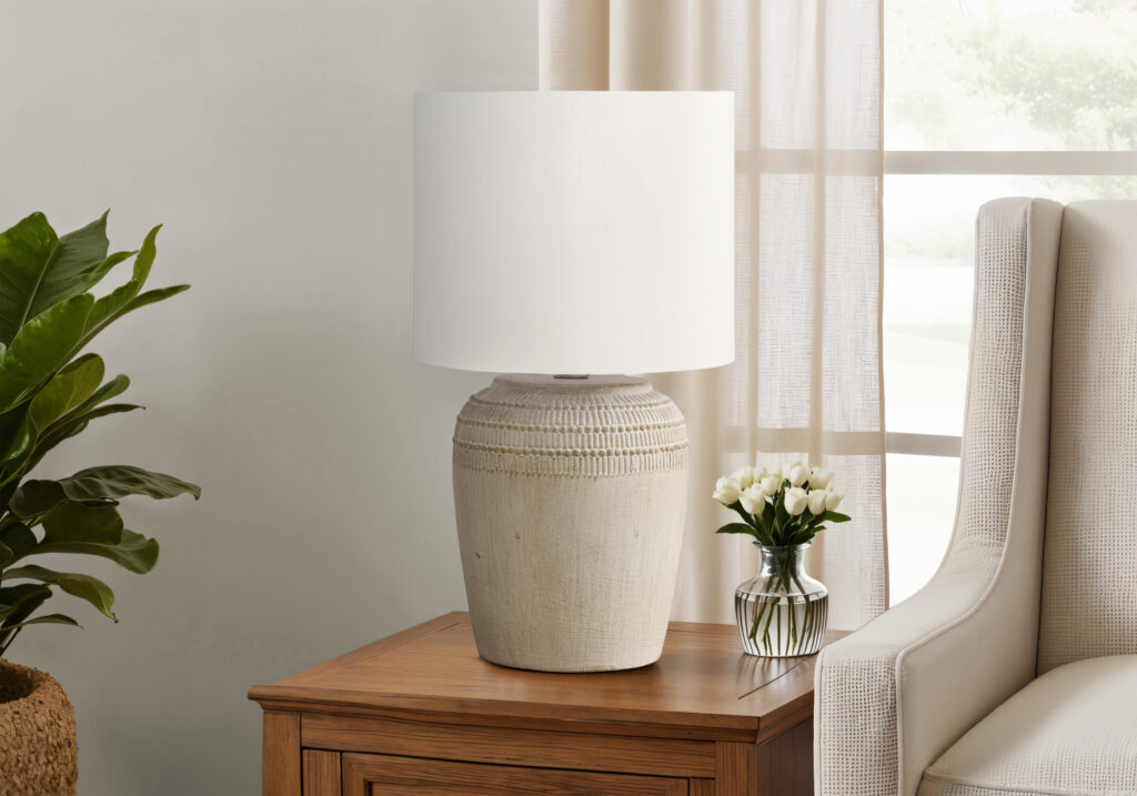 Lighting, 17″H, Table Lamp, Beige Ceramic, Ivory / Cream Shade, Contemporary