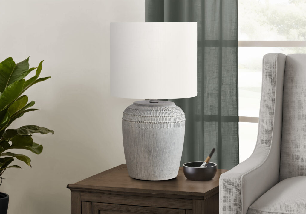 Lighting, 17″H, Table Lamp, Grey Ceramic, Ivory / Cream Shade, Contemporary