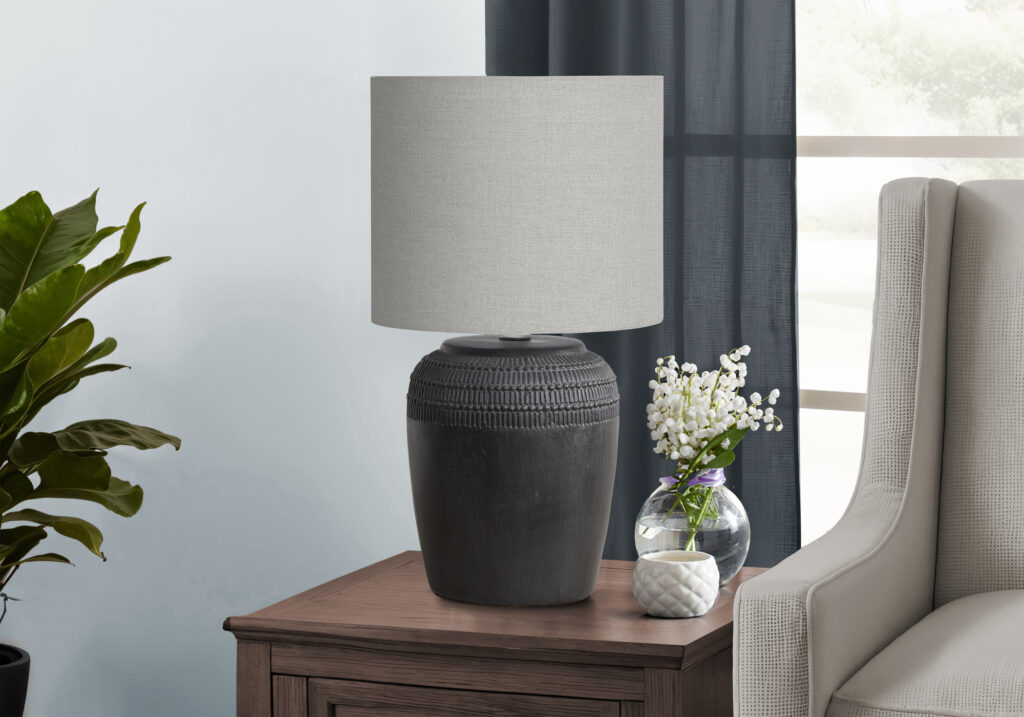 Lighting, 17″H, Table Lamp, Black Ceramic, Grey Shade, Contemporary