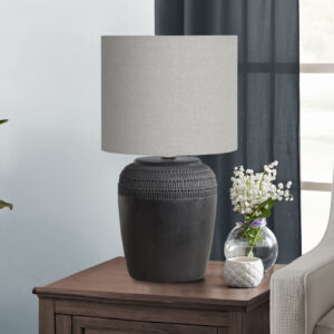Lighting, 17"H, Table Lamp, Black Ceramic, Grey Shade, Contemporary