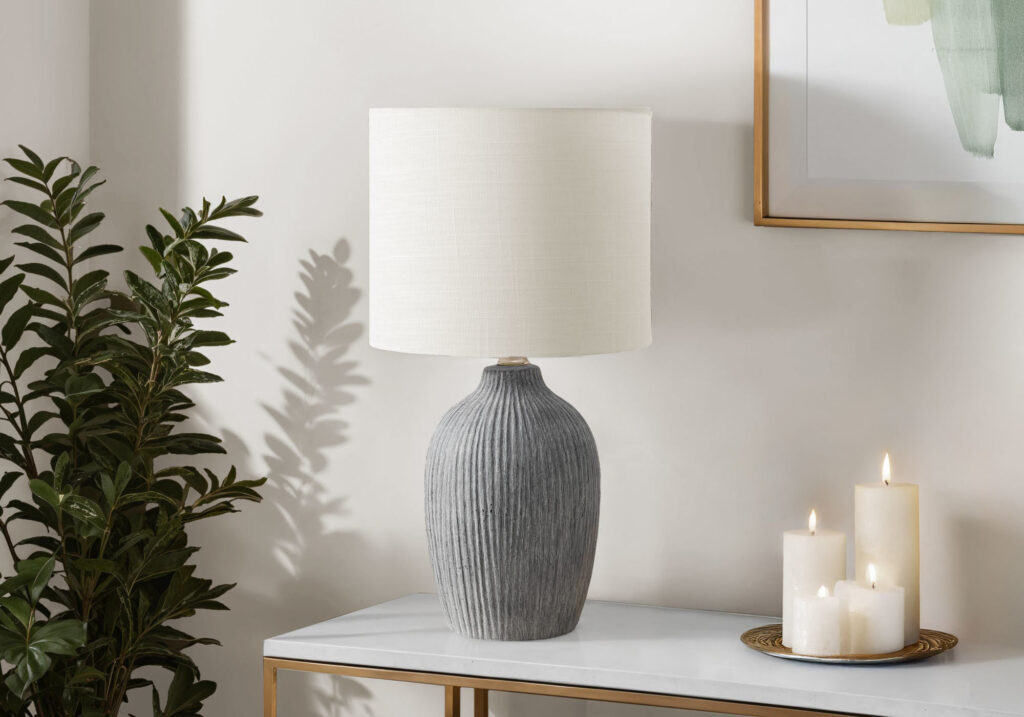 Lighting, Table Lamp, 18″H, Grey Ceramic, Ivory / Cream Shade, Contemporary, Modern