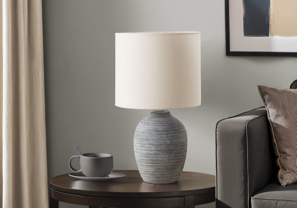 Lighting, 17″H, Table Lamp, Grey Ceramic, Ivory / Cream Shade, Contemporary, Modern