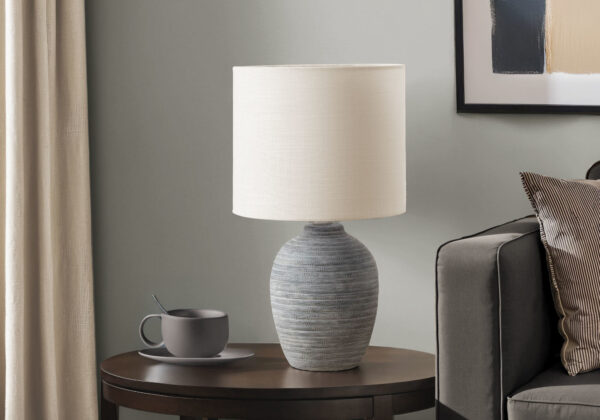 Lighting, 17″H, Table Lamp, Grey Ceramic, Ivory / Cream Shade, Contemporary, Modern
