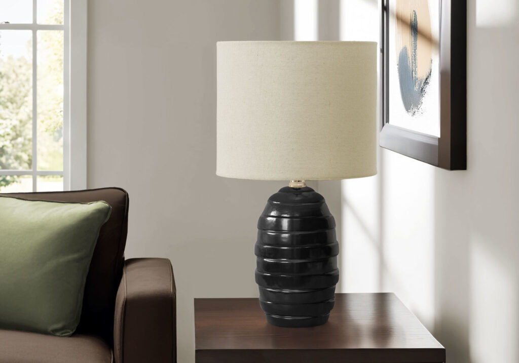 Lighting, 17″H, Table Lamp, Black Ceramic, Beige Shade, Contemporary, Modern