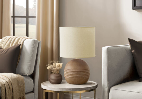 Lighting, 15″H, Table Lamp, Brown Resin, Beige Shade, Contemporary, Modern