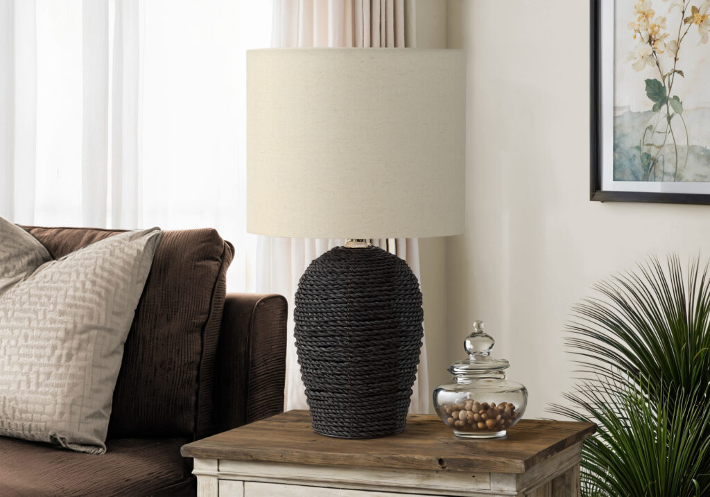 Lighting, 17″H, Table Lamp, Black Rattan, Beige Shade, Transitional