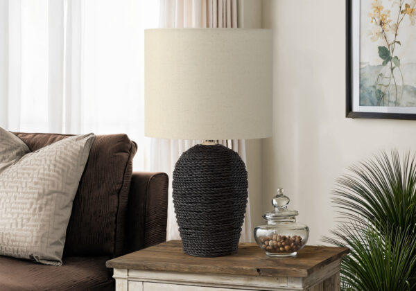 Lighting, 17″H, Table Lamp, Black Rattan, Beige Shade, Transitional
