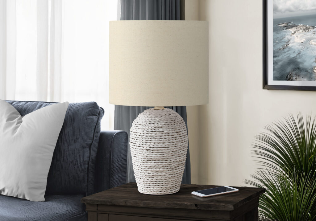 Lighting, 17″H, Table Lamp, White Rattan, Beige Shade, Transitional