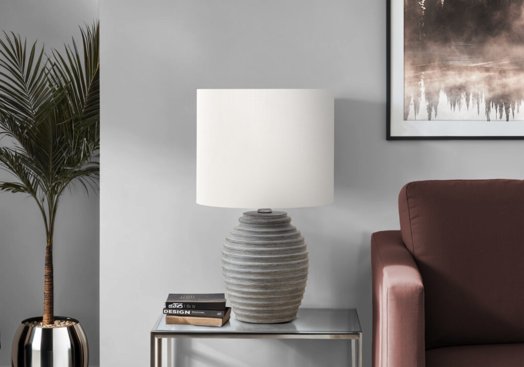 Lighting, 17″H, Table Lamp, Grey Resin, Ivory / Cream Shade, Contemporary