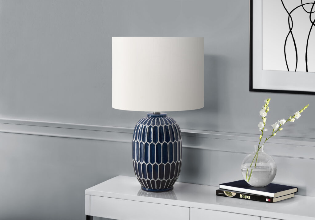 Lighting, 22″H, Table Lamp, Blue Ceramic, Ivory / Cream Shade, Contemporary, Modern