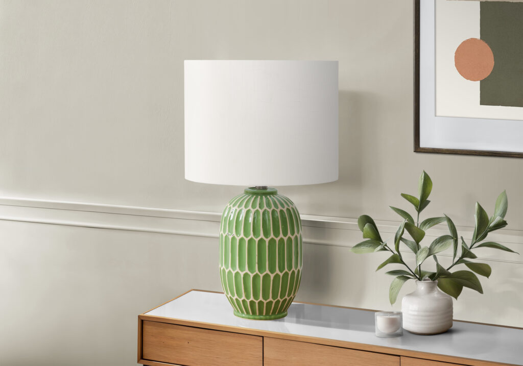 Lighting, 22″H, Table Lamp, Green Ceramic, Ivory / Cream Shade, Contemporary, Modern