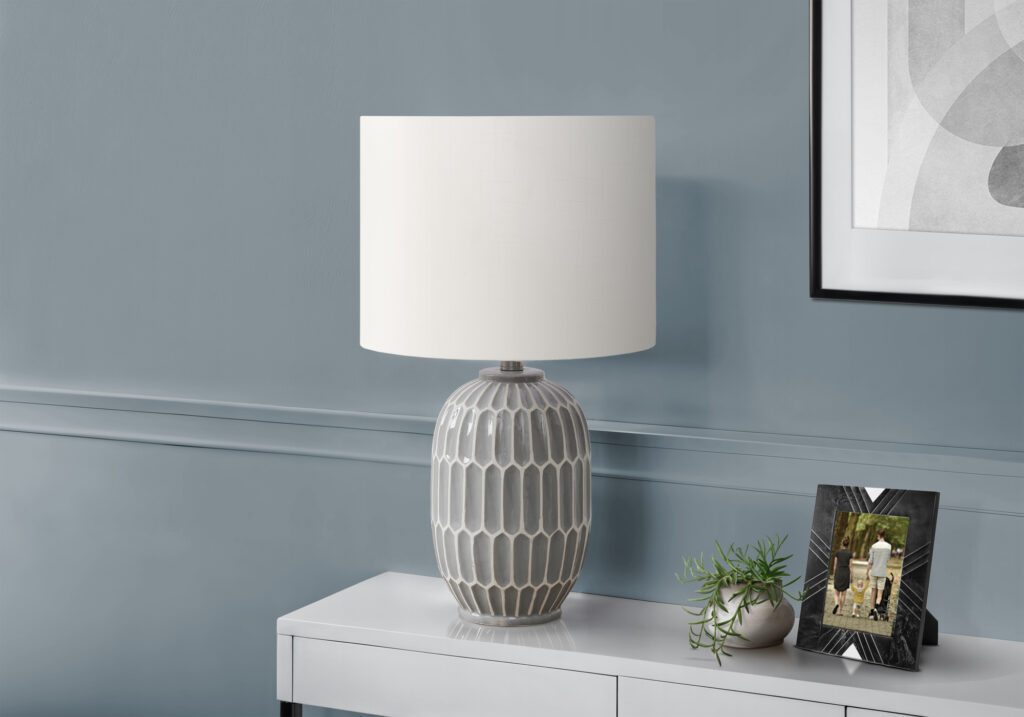 Lighting, 22″H, Table Lamp, Grey Ceramic, Ivory / Cream Shade, Contemporary, Modern