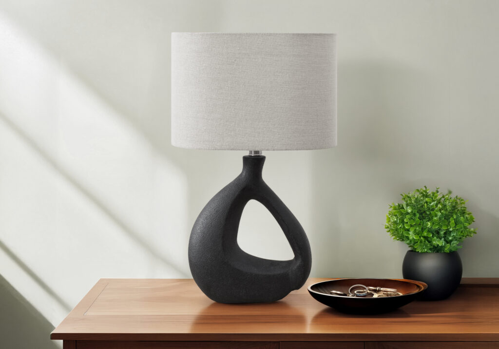 Lighting, 23″H, Table Lamp, Black Resin, Grey Shade, Contemporary, Modern
