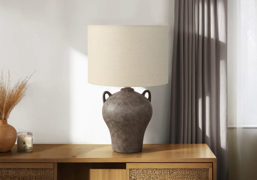 Lighting, 22″H, Table Lamp, Brown Ceramic, Beige Shade, Transitional