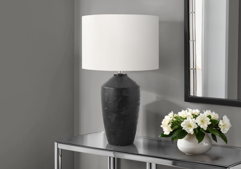 Lighting, 25″H, Table Lamp, Black Concrete, Ivory / Cream Shade, Contemporary, Modern