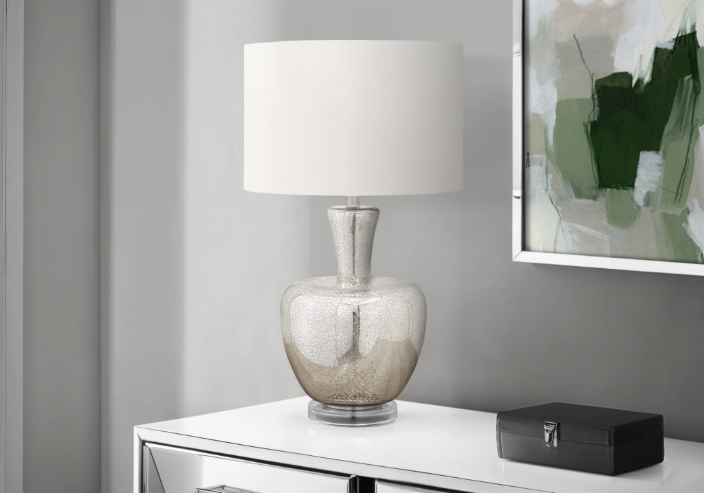 Lighting, 26″H, Table Lamp, Silver Glass, Ivory / Cream Shade, Contemporary, Modern