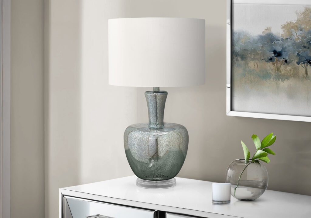 Lighting, 26″H, Table Lamp, Sea Green Glass, Ivory / Cream Shade, Contemporary, Modern