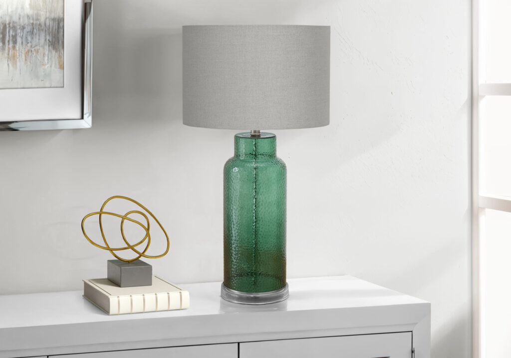 Lighting, 28″H, Table Lamp, Green Glass, Grey Shade, Contemporary, Modern