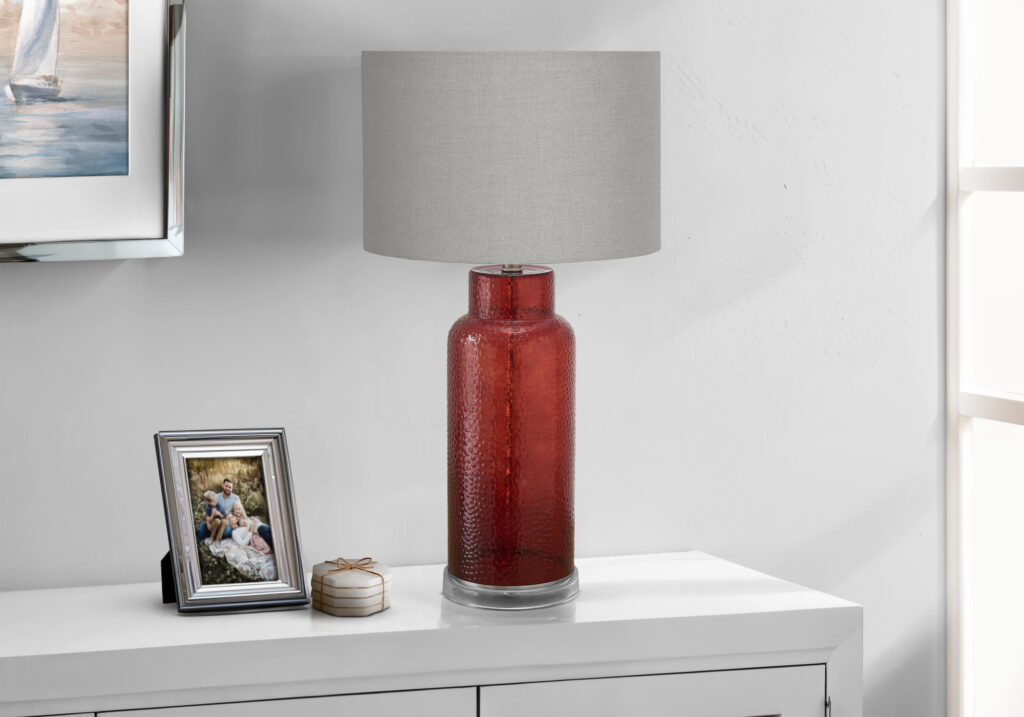 Lighting, 28″H, Table Lamp, Red Glass, Grey Shade, Contemporary, Modern