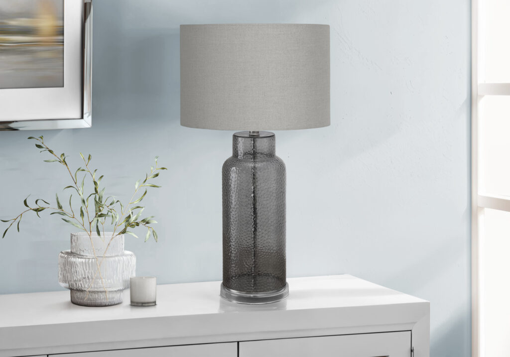 Lighting, 28″H, Table Lamp, Grey Glass, Grey Shade, Contemporary, Modern