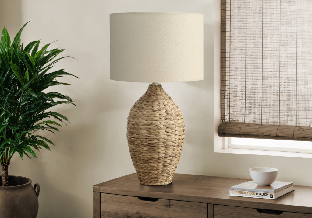 Lighting, 30″H, Natural Rattan, Beige Shade, Transitional